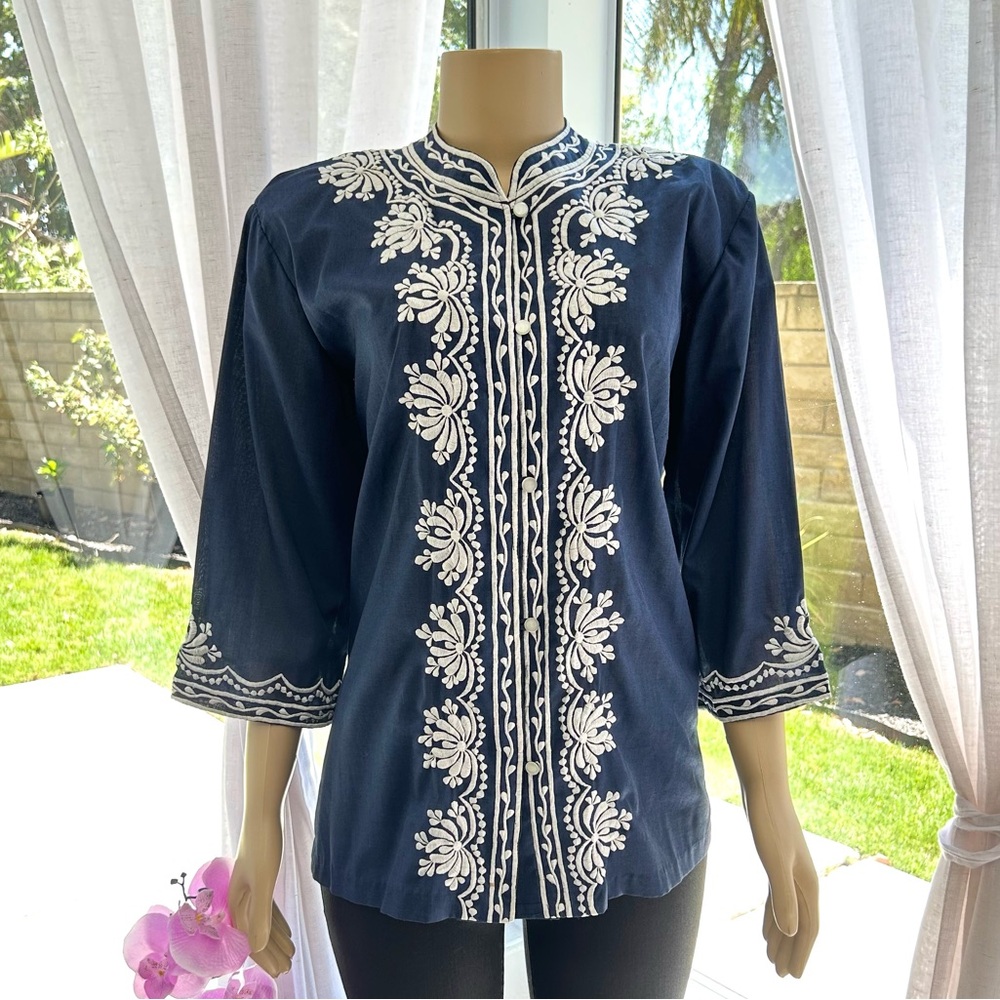 Vintage Caro Of Honolulu Hawaiian Shirt Navy Blue White Appliqué Size 14